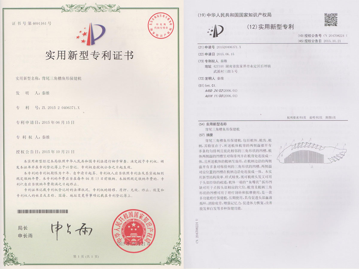 背尾三角槽魚形保健梳專利證書
