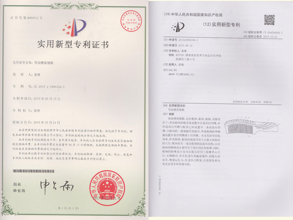 背浪槽保健梳專利證書