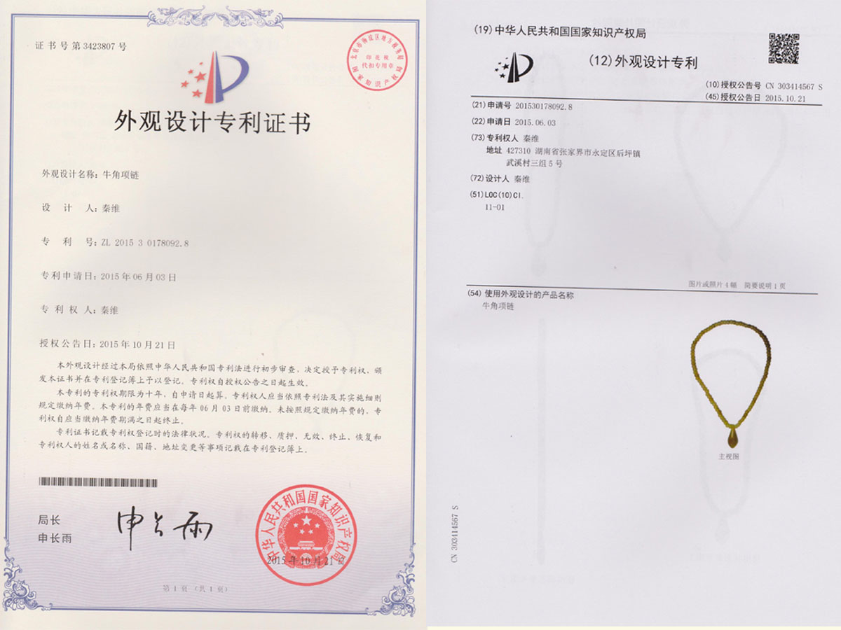 牛角項鏈專利證書