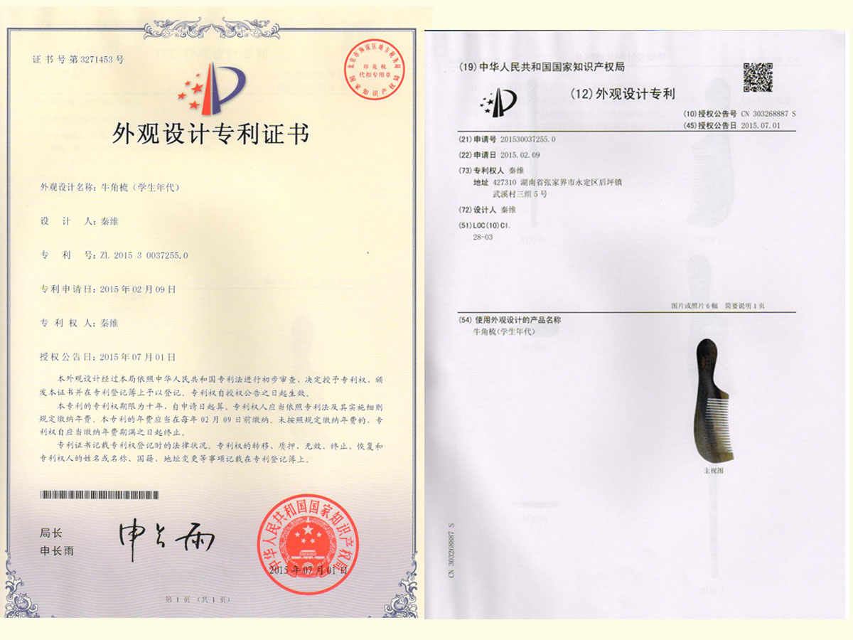 牛角梳（學生年代）專利證書